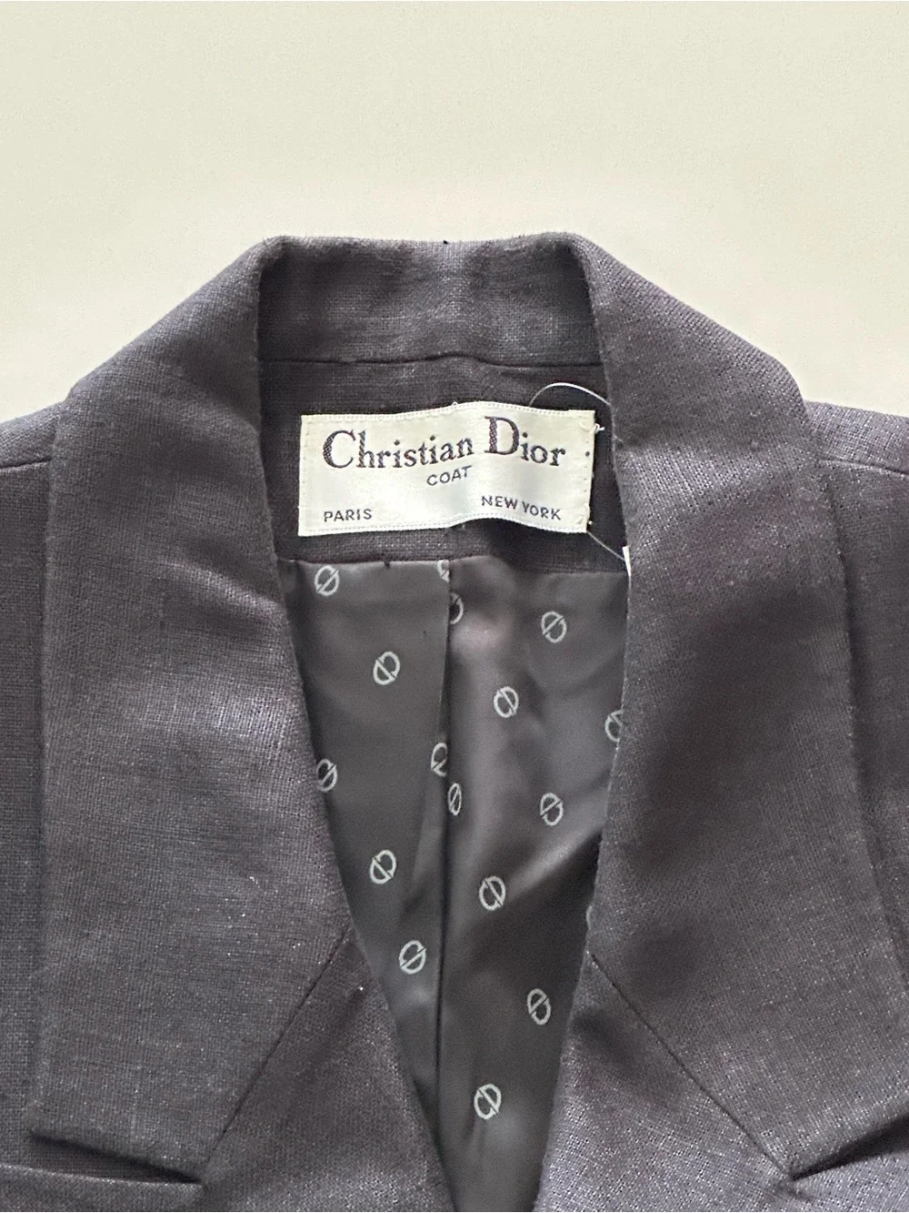 Vintage Dior Navy Linen Double-Breasted Blazer with Gold Crest Patch